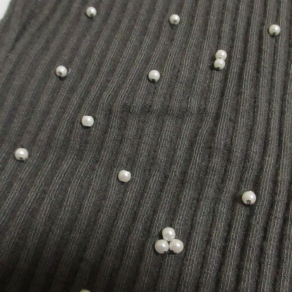 Good Chanel Pearl Embellishment Rib Knit Cut and Sewn P54332 Size 36 Gray