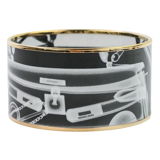 Hermes Emile TGM Check-in Cloisonne Bangle Bracelet Black Ladies Used