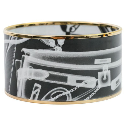 Hermes Emile TGM Check-in Cloisonne Bangle Bracelet Black Ladies Used