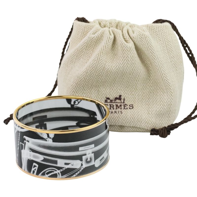 Hermes Emile TGM Check-in Cloisonne Bangle Bracelet Black Ladies Used