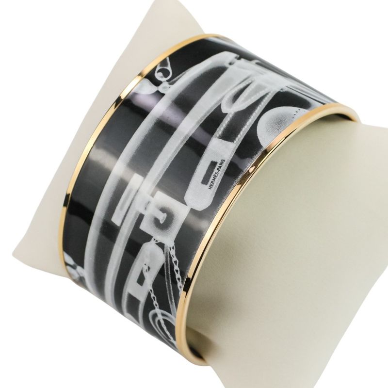 Hermes Emile TGM Check-in Cloisonne Bangle Bracelet Black Ladies Used