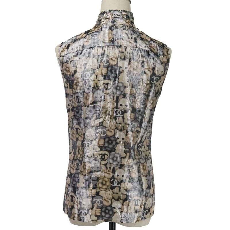 Chanel Choupette Coco Mark Print Sleeveless Silk Blouse with Ribbon Tie P55021