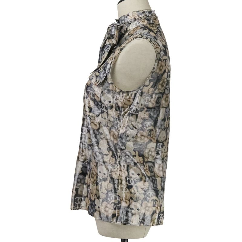 Chanel Choupette Coco Mark Print Sleeveless Silk Blouse with Ribbon Tie P55021
