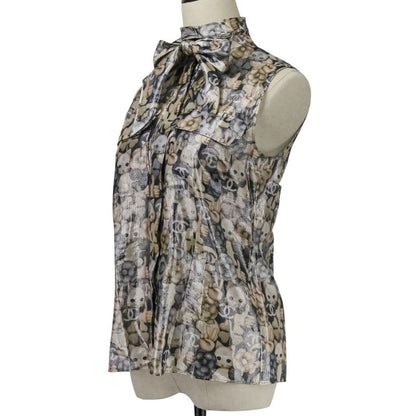 Chanel Choupette Coco Mark Print Sleeveless Silk Blouse with Ribbon Tie P55021