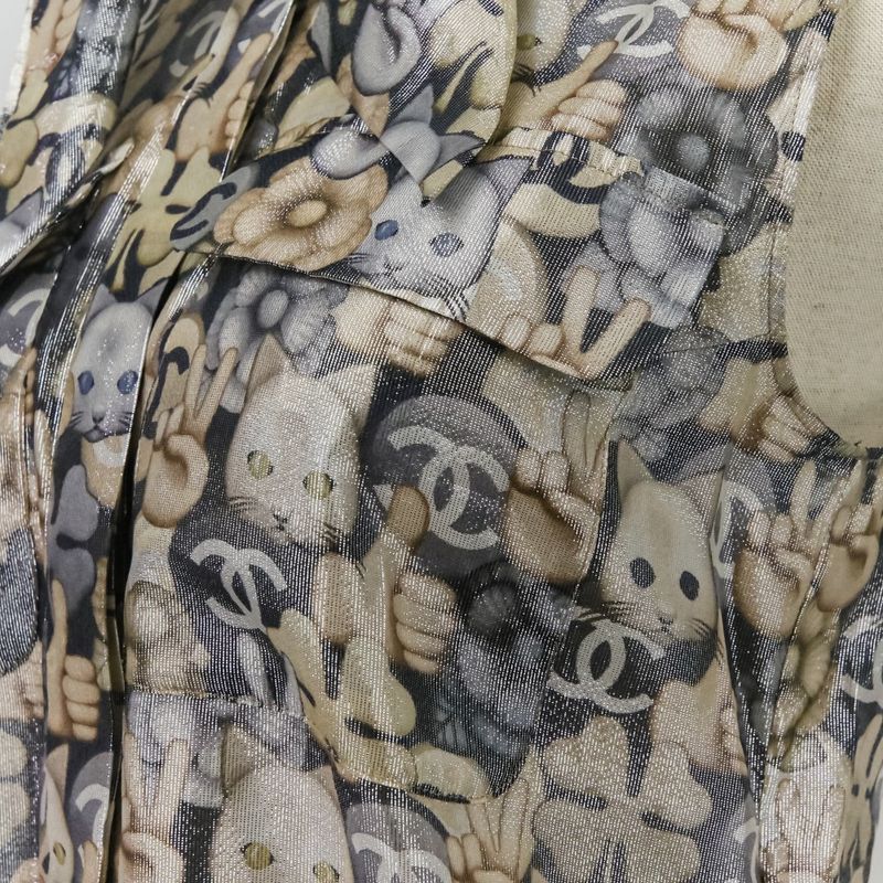 Chanel Choupette Coco Mark Print Sleeveless Silk Blouse with Ribbon Tie P55021