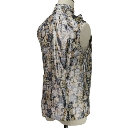 Chanel Choupette Coco Mark Print Sleeveless Silk Blouse with Ribbon Tie P55021