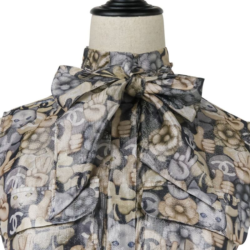 Chanel Choupette Coco Mark Print Sleeveless Silk Blouse with Ribbon Tie P55021