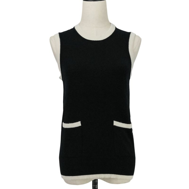 Chanel Bicolor Coco Mark 100% Cashmere Sleeveless Knit Vest P58592 Size 36