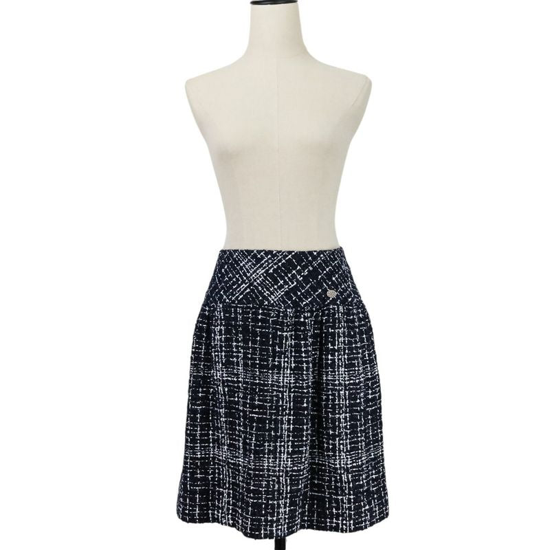 Chanel Coco Mark Plate Tweed Print Skirt P49148 Size 34 Navy White Ladies Used