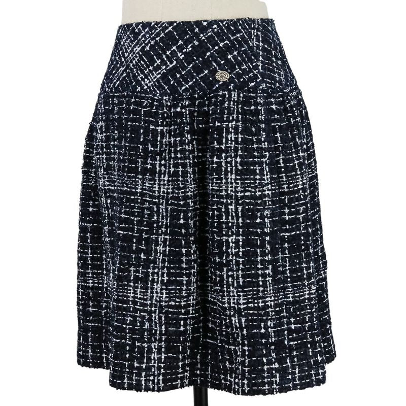 Chanel Coco Mark Plate Tweed Print Skirt P49148 Size 34 Navy White Ladies Used