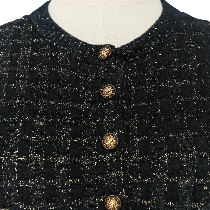 Chanel Lion Button Lame Knit Dress P57107 Size 34 Black Gold Color Women's Used
