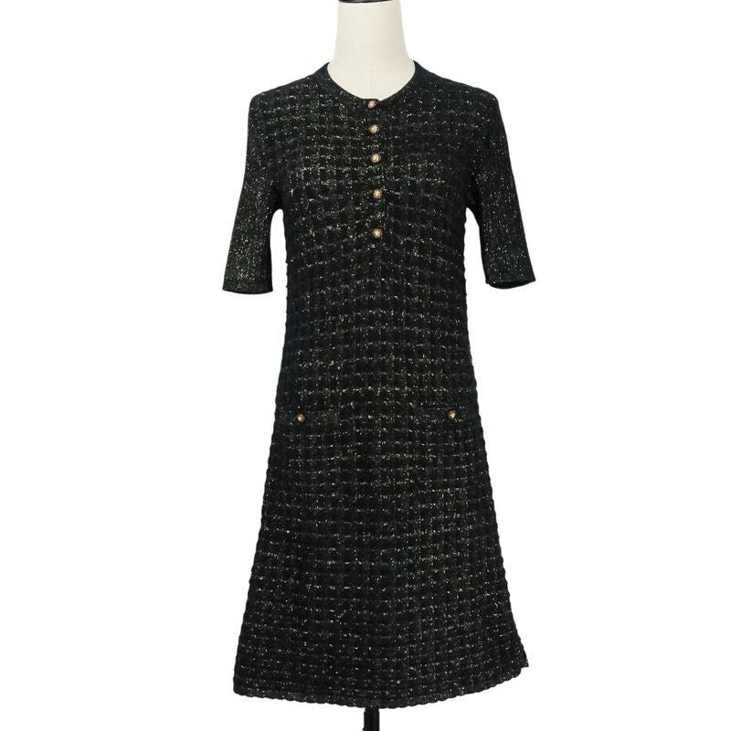 Chanel Lion Button Lame Knit Dress P57107 Size 34 Black Gold Color Women's Used
