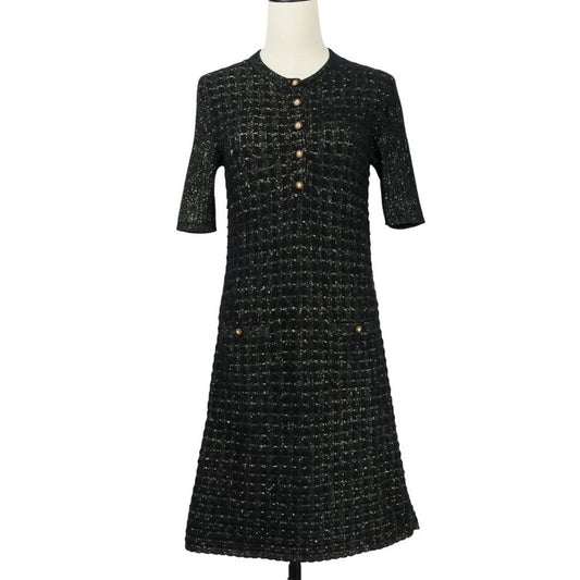 Chanel Lion Button Lame Knit Dress P57107 Size 34 Black Gold Color Women's Used