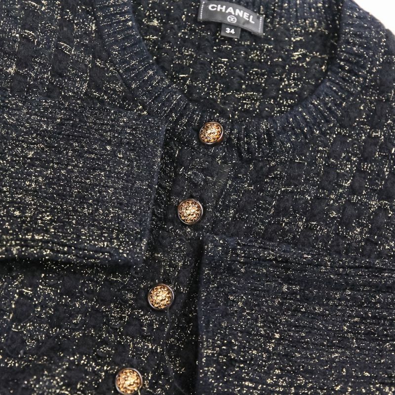 Chanel Lion Button Lame Knit Dress P57107 Size 34 Black Gold Color Women's Used