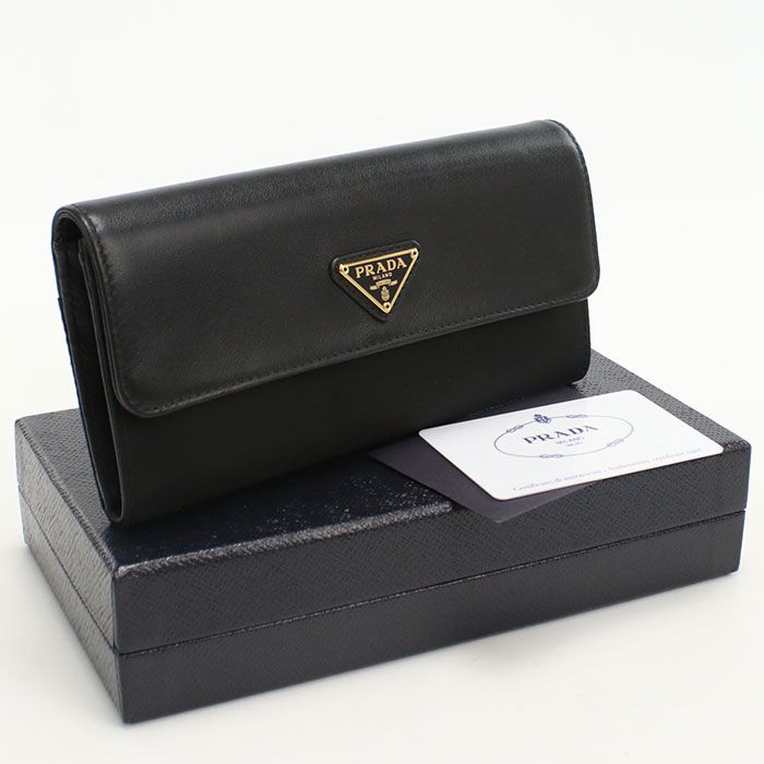 Prada Saffiano Triangle 1m1037 Long Wallet Bifold Calf Nylon Ladies