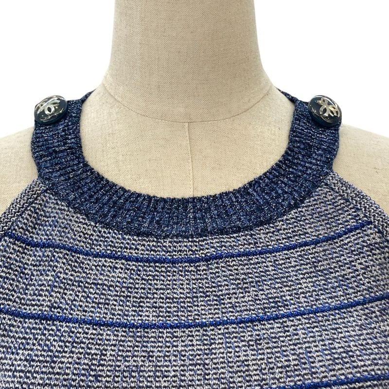 Chanel Coco Mark Button Lame Cashmere Silk Blend Sleeveless Knit Sweater P56573