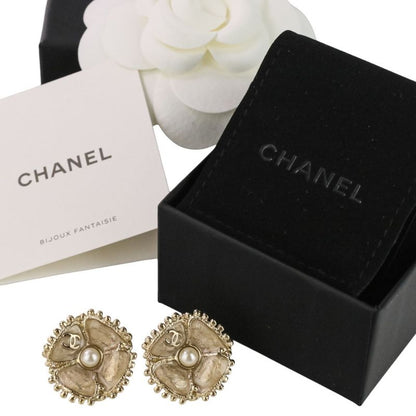 Chanel F23k Faux Pearl Camellia Coco Mark Earrings Chien Pan Gold Color Ladies