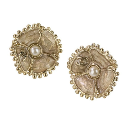 Chanel F23k Faux Pearl Camellia Coco Mark Earrings Chien Pan Gold Color Ladies