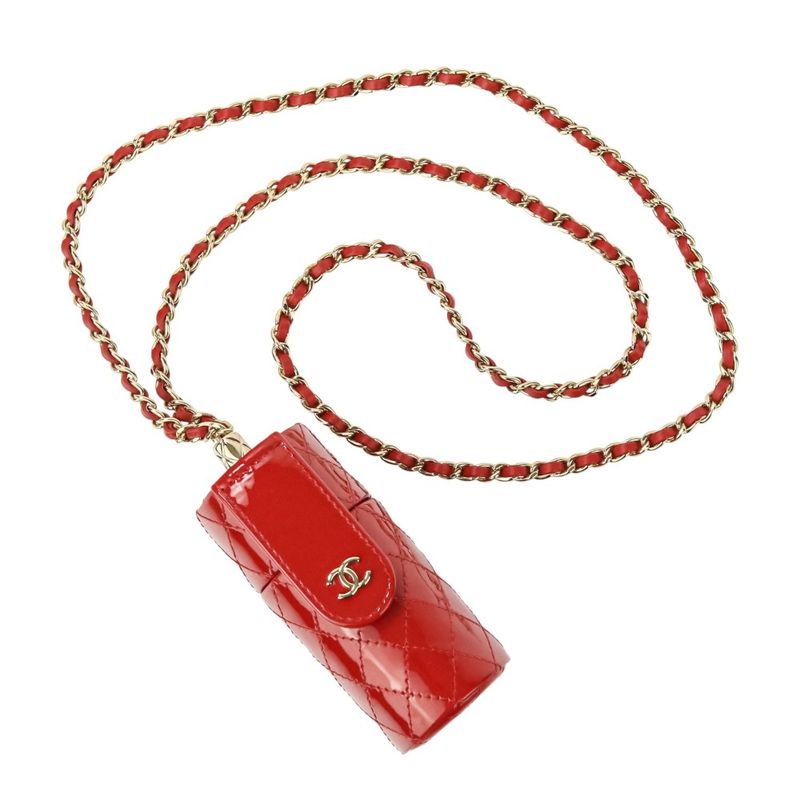 Chanel Patent Leather Matelasse Coco Mark Chain Strap Lip Case Necklace Red