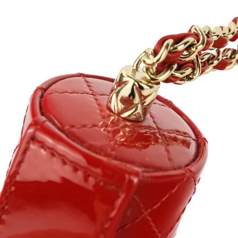 Chanel Patent Leather Matelasse Coco Mark Chain Strap Lip Case Necklace Red
