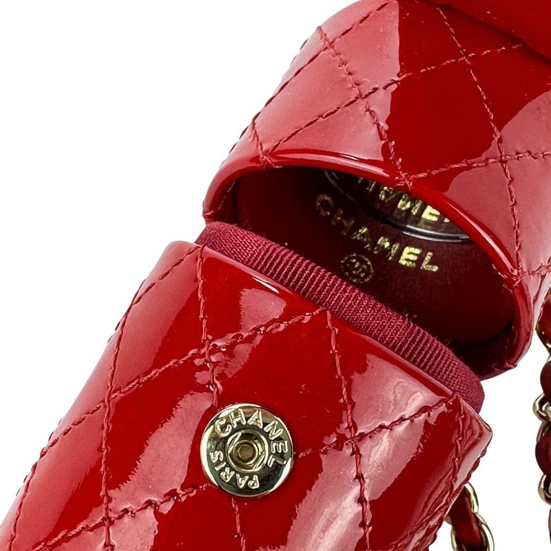 Chanel Patent Leather Matelasse Coco Mark Chain Strap Lip Case Necklace Red