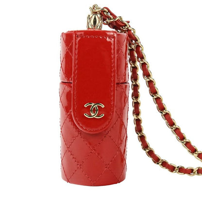 Chanel Patent Leather Matelasse Coco Mark Chain Strap Lip Case Necklace Red