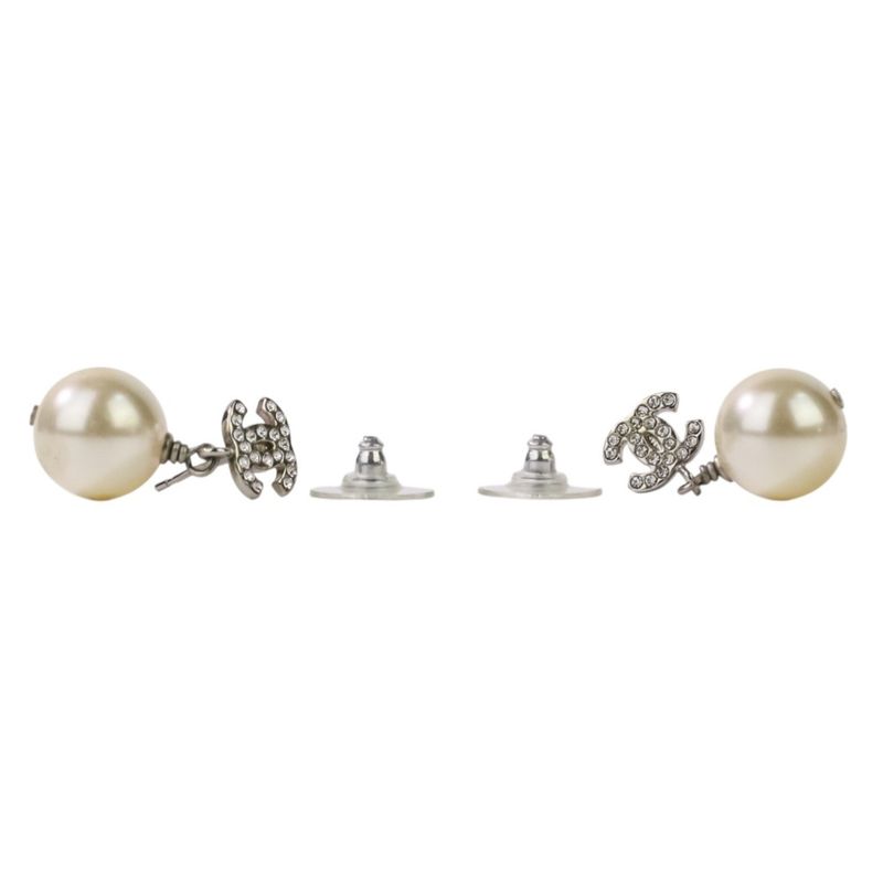 Good 16v Chanel Faux Pearl and Rhinestone Coco Mark Stud Earrings White Silver