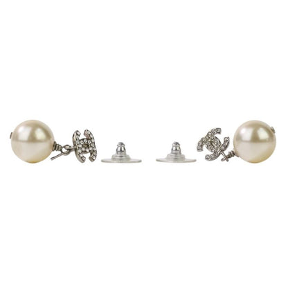 Good 16v Chanel Faux Pearl and Rhinestone Coco Mark Stud Earrings White Silver