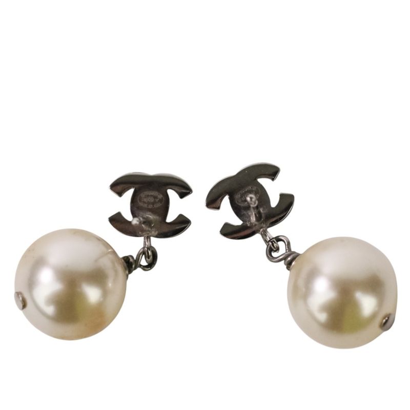 Good 16v Chanel Faux Pearl and Rhinestone Coco Mark Stud Earrings White Silver