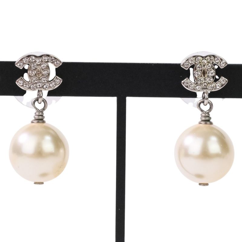 Good 16v Chanel Faux Pearl and Rhinestone Coco Mark Stud Earrings White Silver