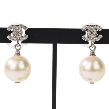 Good 16v Chanel Faux Pearl and Rhinestone Coco Mark Stud Earrings White Silver