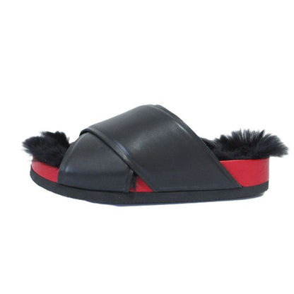Celine Cross Belt Flat Fur Sandals Size 35 Approx 22.5cm (8.86in) Black Red