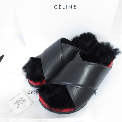 Celine Cross Belt Flat Fur Sandals Size 35 Approx 22.5cm (8.86in) Black Red