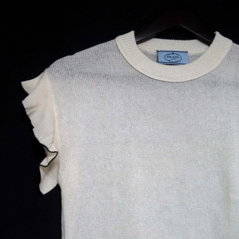 Good Prada Wool Cashmere Blend Ruffle Knit Sweater Size 36 Ivory Women Used
