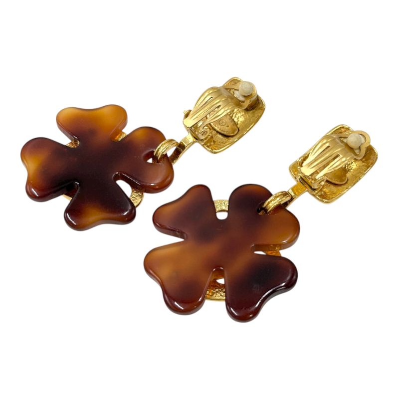 Chanel Earring Set 95p Coco Mark Clover Earring Gold Brown Ladies Vintage