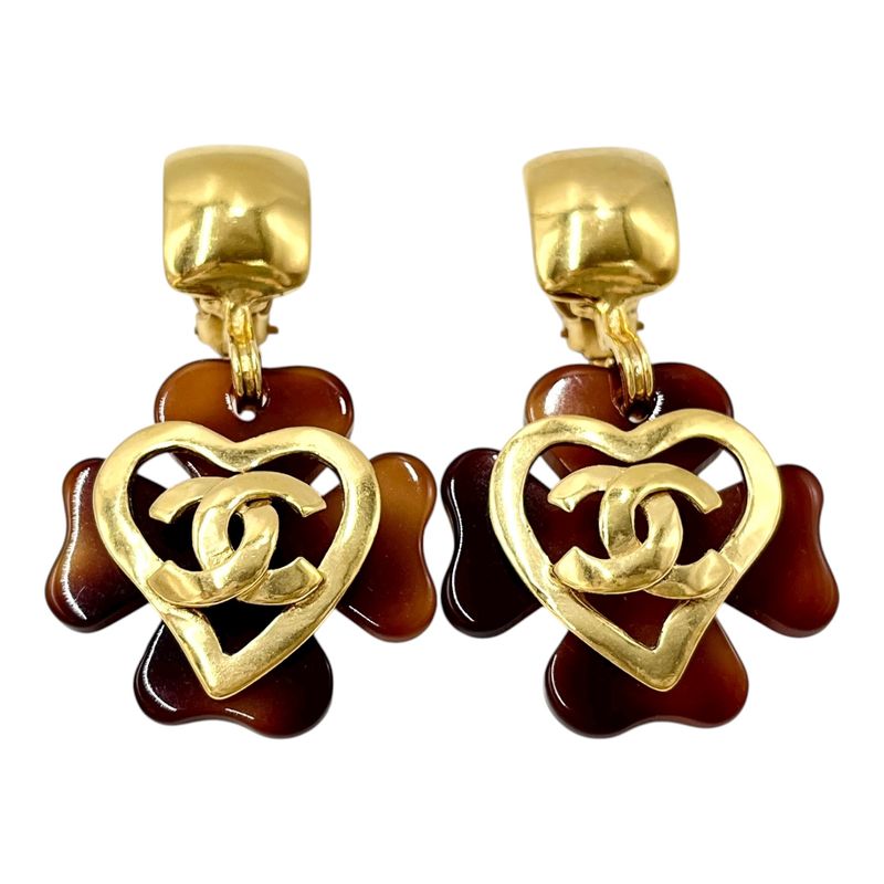 Chanel Earring Set 95p Coco Mark Clover Earring Gold Brown Ladies Vintage