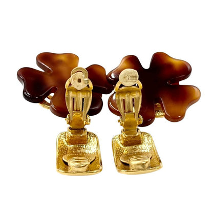 Chanel Earring Set 95p Coco Mark Clover Earring Gold Brown Ladies Vintage
