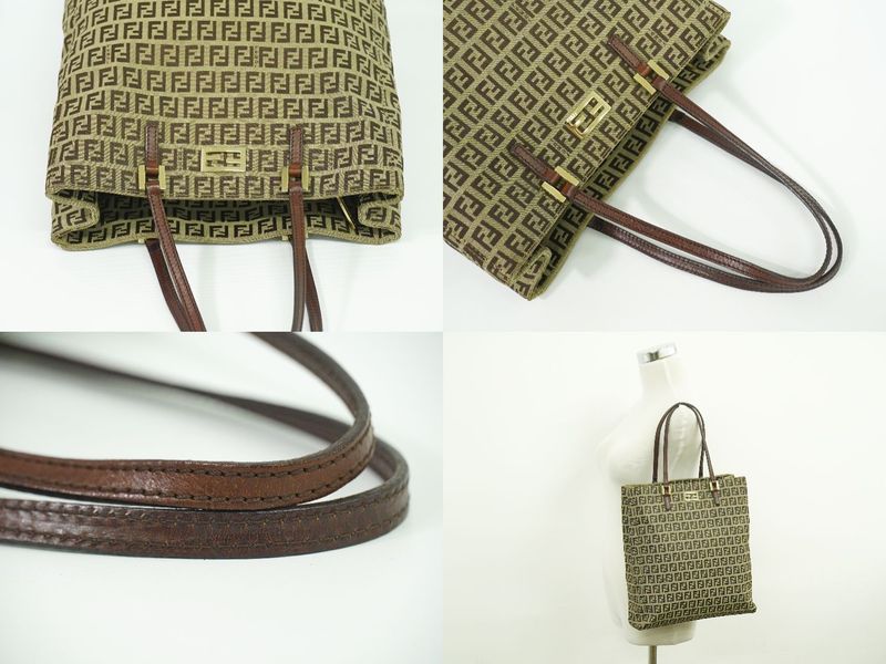 Authentic Fendi Zucchino Tote Handbag Canvas Beige Brown 8bh131 Zucchino Bag