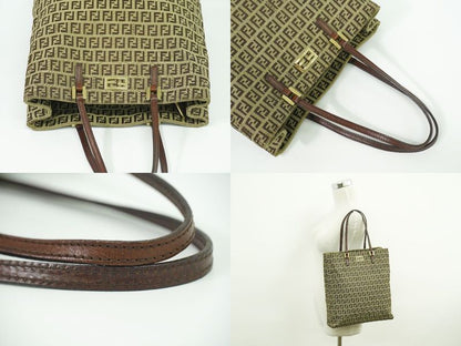 Authentic Fendi Zucchino Tote Handbag Canvas Beige Brown 8bh131 Zucchino Bag