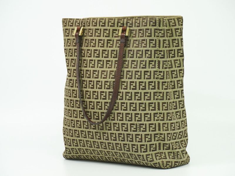 Authentic Fendi Zucchino Tote Handbag Canvas Beige Brown 8bh131 Zucchino Bag
