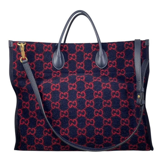 Gucci Tote Bag Shoulder Bag GG Wool 598169 GG Pattern Leather Navy Red Black