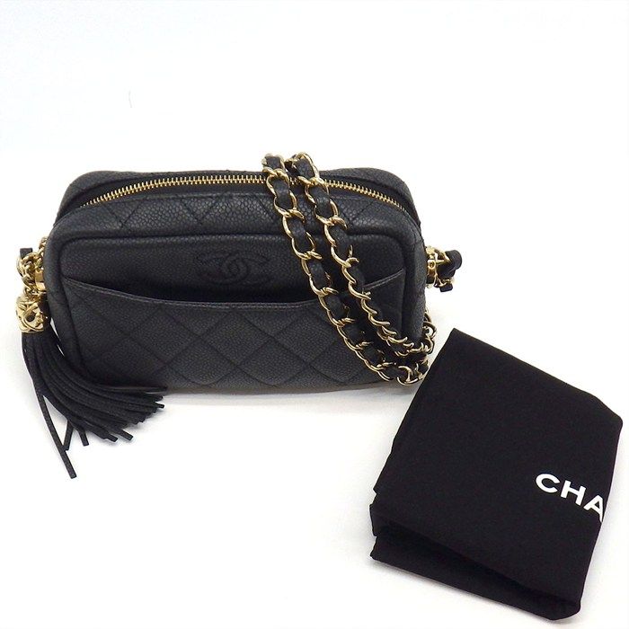 Chanel Chain Shoulder Bag Matelasse Camera Bag A57719 Black Caviar Skin Gold