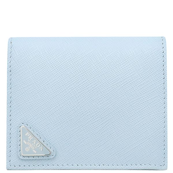 Prada Bifold Wallet Triangle Logo Leather Light Blue Silver Hardware Compact