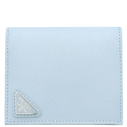 Prada Bifold Wallet Triangle Logo Leather Light Blue Silver Hardware Compact