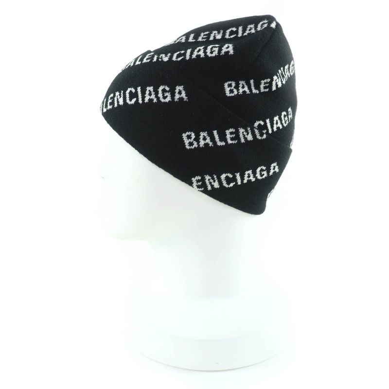 Balenciaga 719580 Wool Logo Design Beanie Knit Cap Black White F Made In Italy