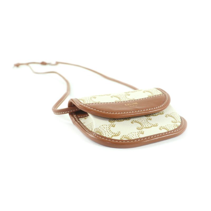 Celine Triomphe PVC Leather Coin Case With Logo Strap Coin Purse Wallet White