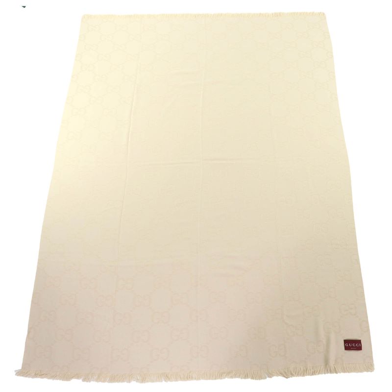 Gucci 795551 Wool Silk GG Jacquard Fringe Large Shawl Blanket Light Beige 135