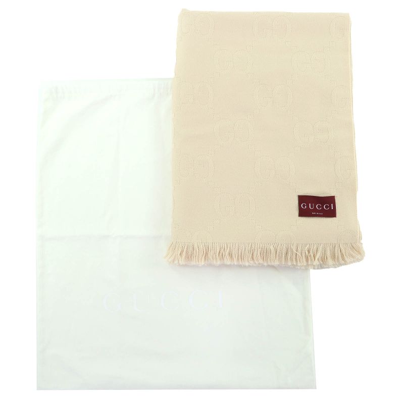 Gucci 795551 Wool Silk GG Jacquard Fringe Large Shawl Blanket Light Beige 135