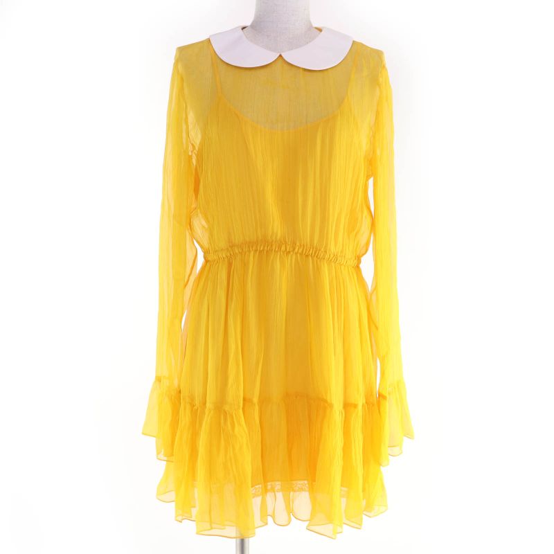Gucci 728125 100% Silk Round Collar Chiffon Dress Yellow 44 Hanger Made In