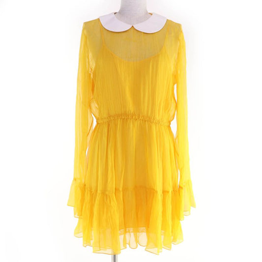 Gucci 728125 100% Silk Round Collar Chiffon Dress Yellow 44 Hanger Made In